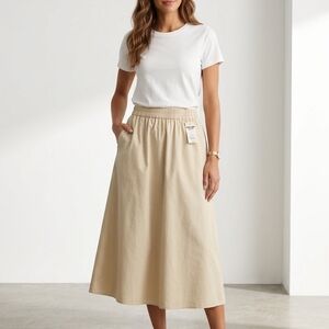 Elastic-Waist A-Line Midi Skirt - Beige